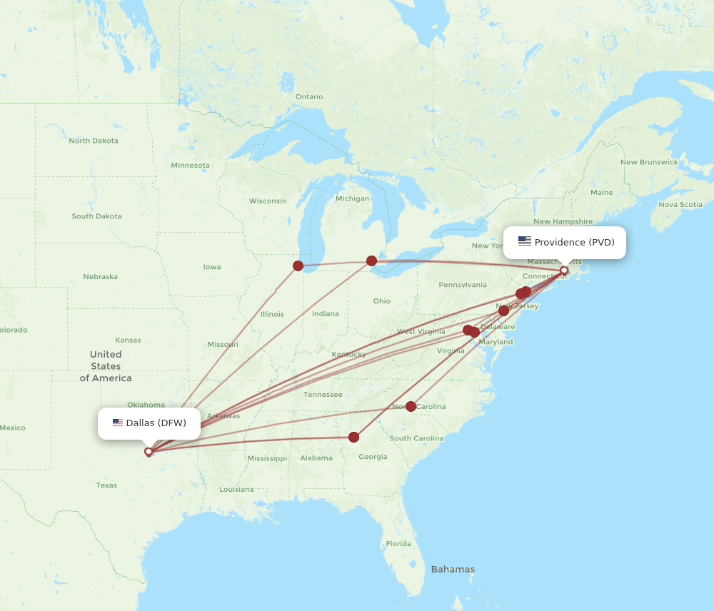 PVD-DFW flight routes