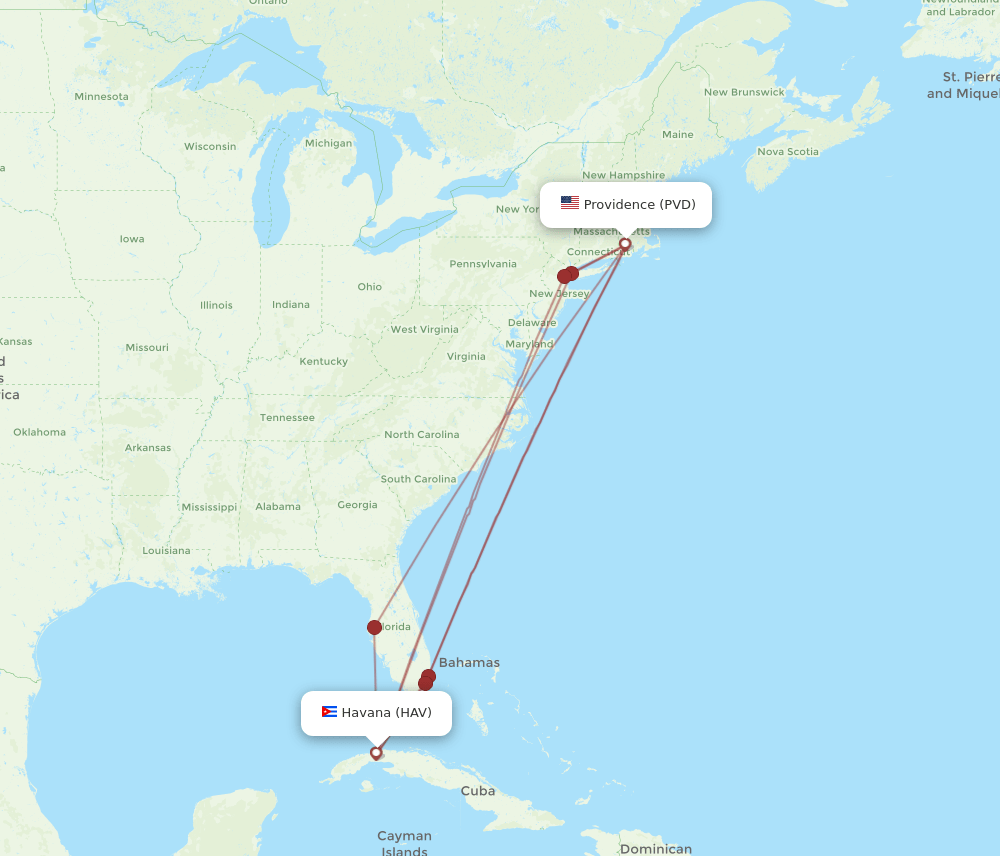 PVD to HAV flights and routes map