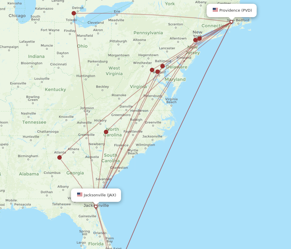 PVD to JAX flights and routes map