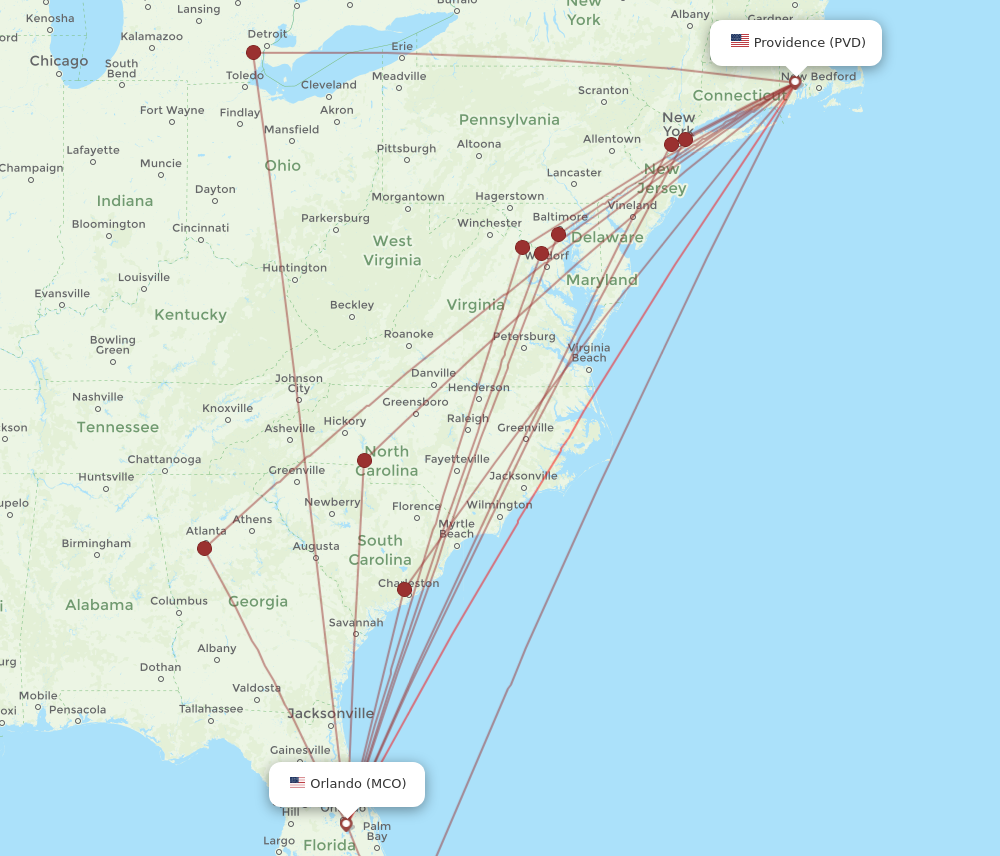 PVD to MCO flights and routes map