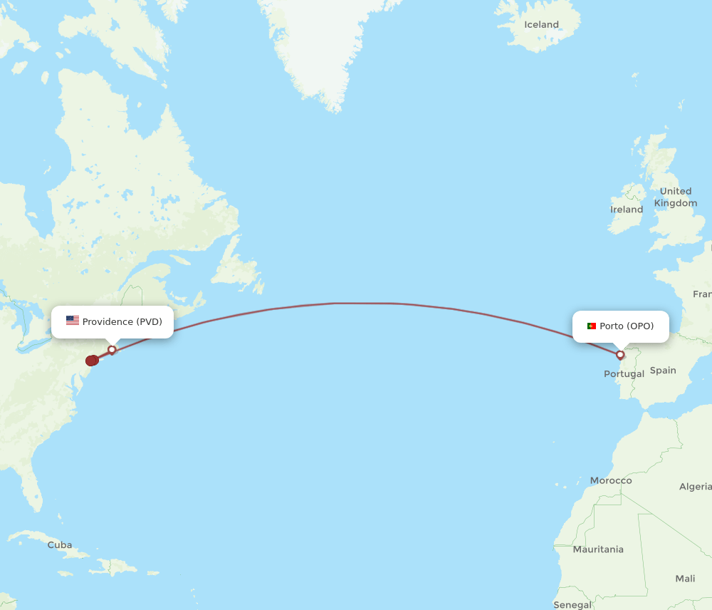 Providence - Porto route map and flight paths