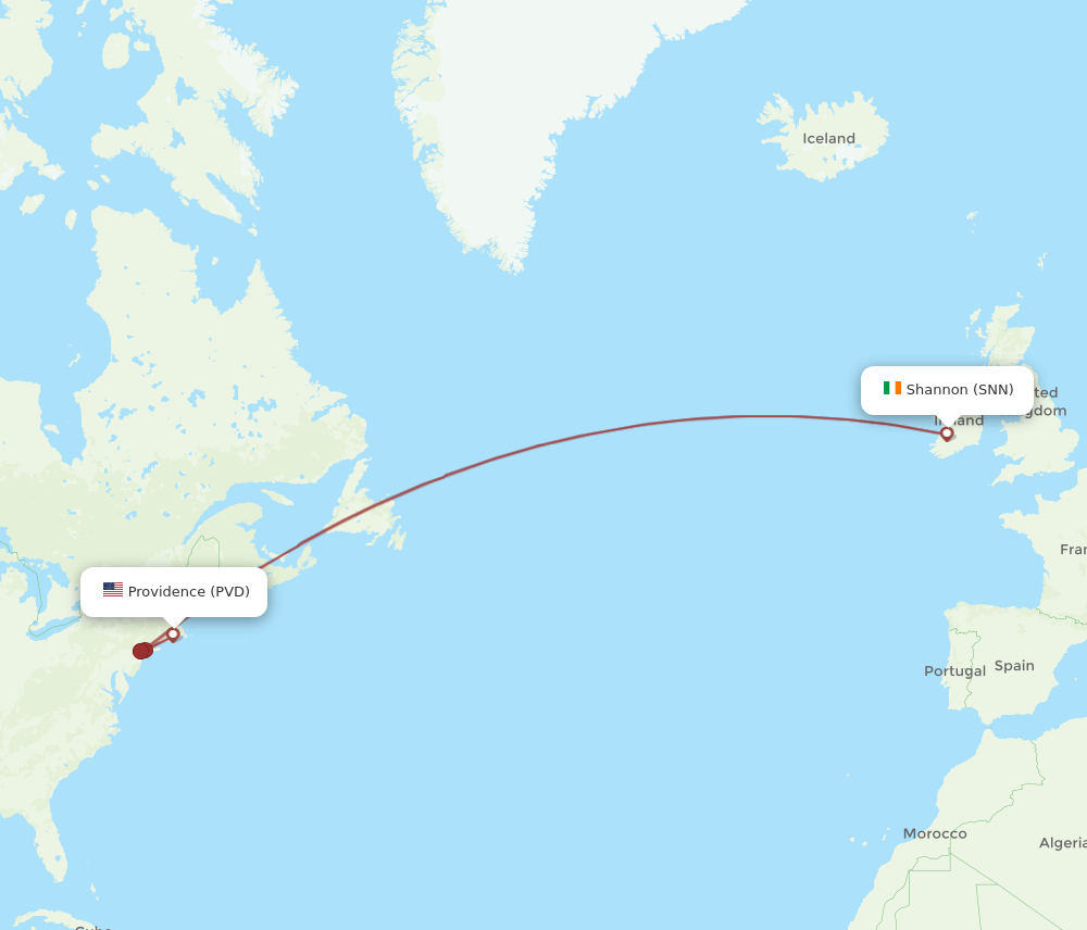 Providence - Shannon route map and flight paths