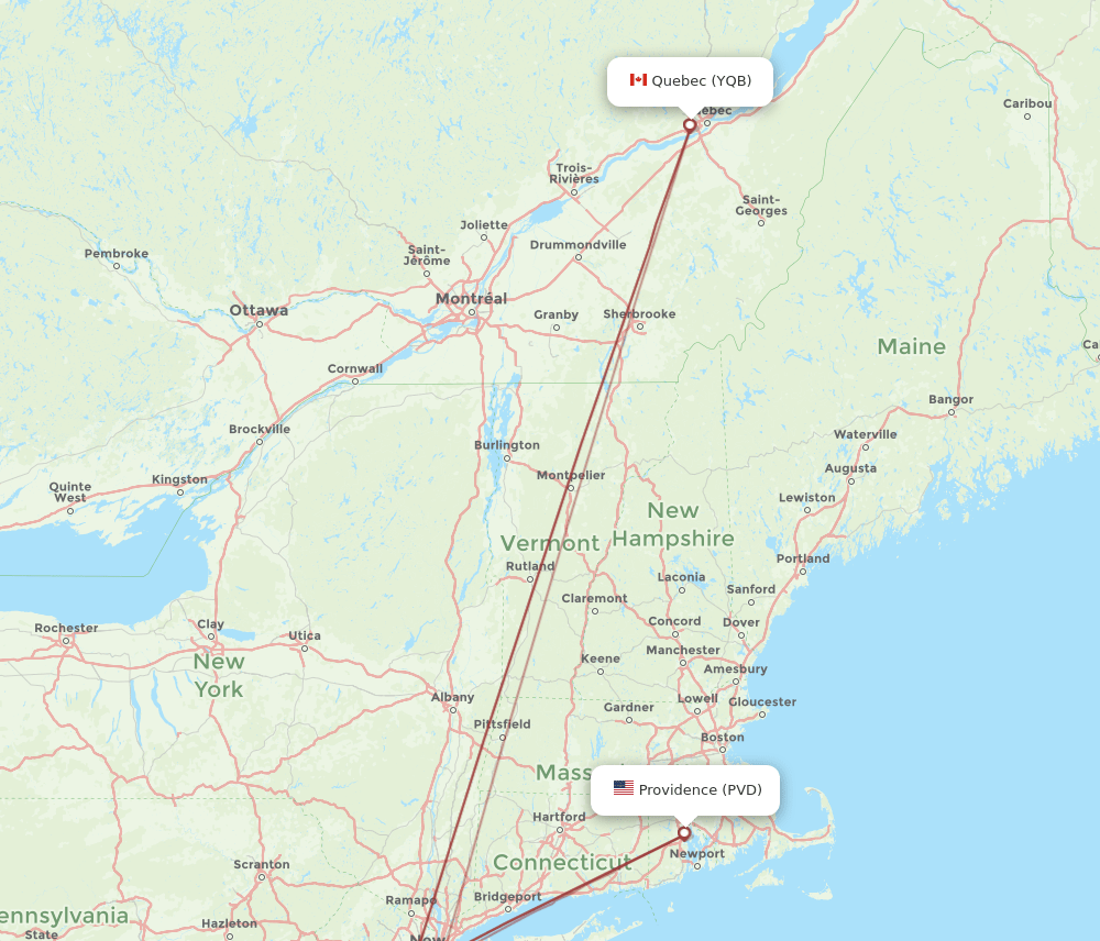 Providence - Quebec route map and flight paths