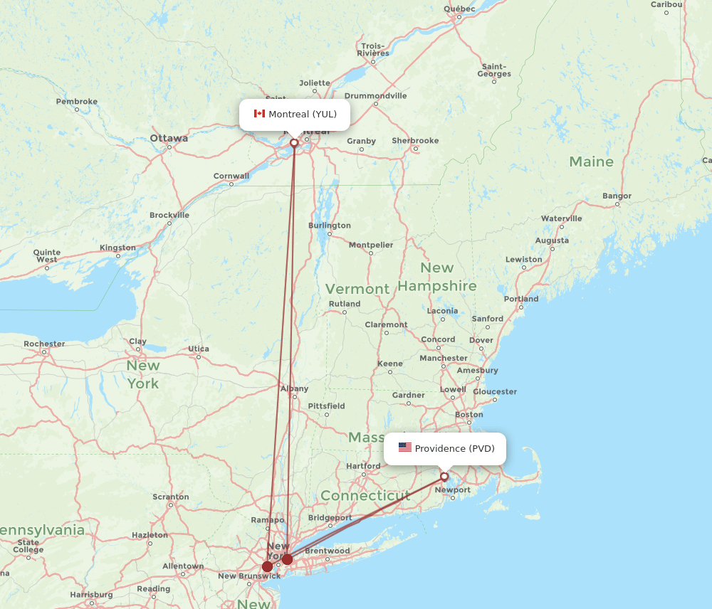 Providence - Montreal route map and flight paths