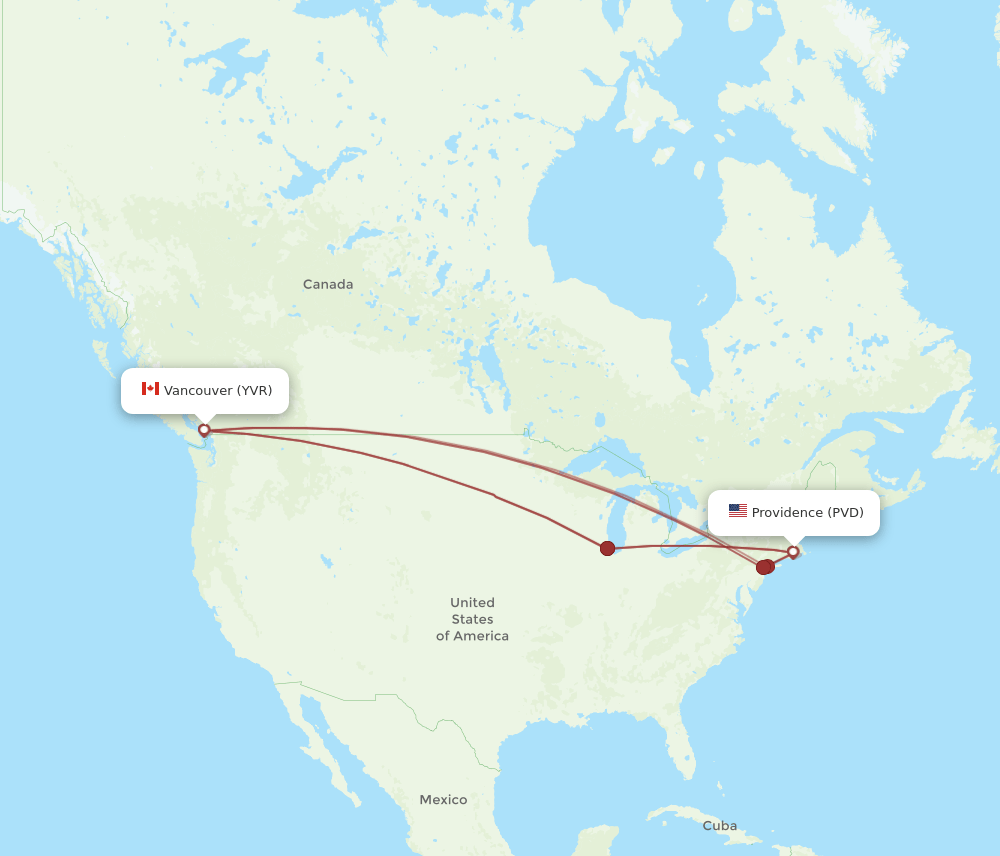 Vancouver - Providence route map and flight paths