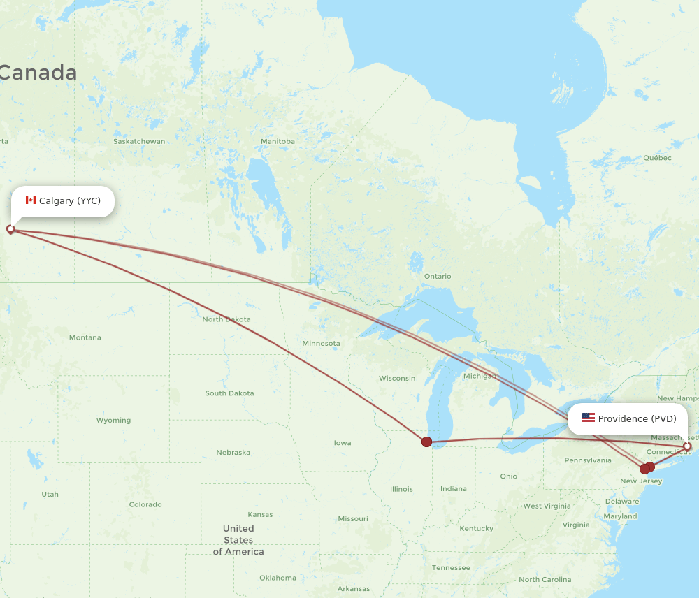Calgary - Providence route map and flight paths