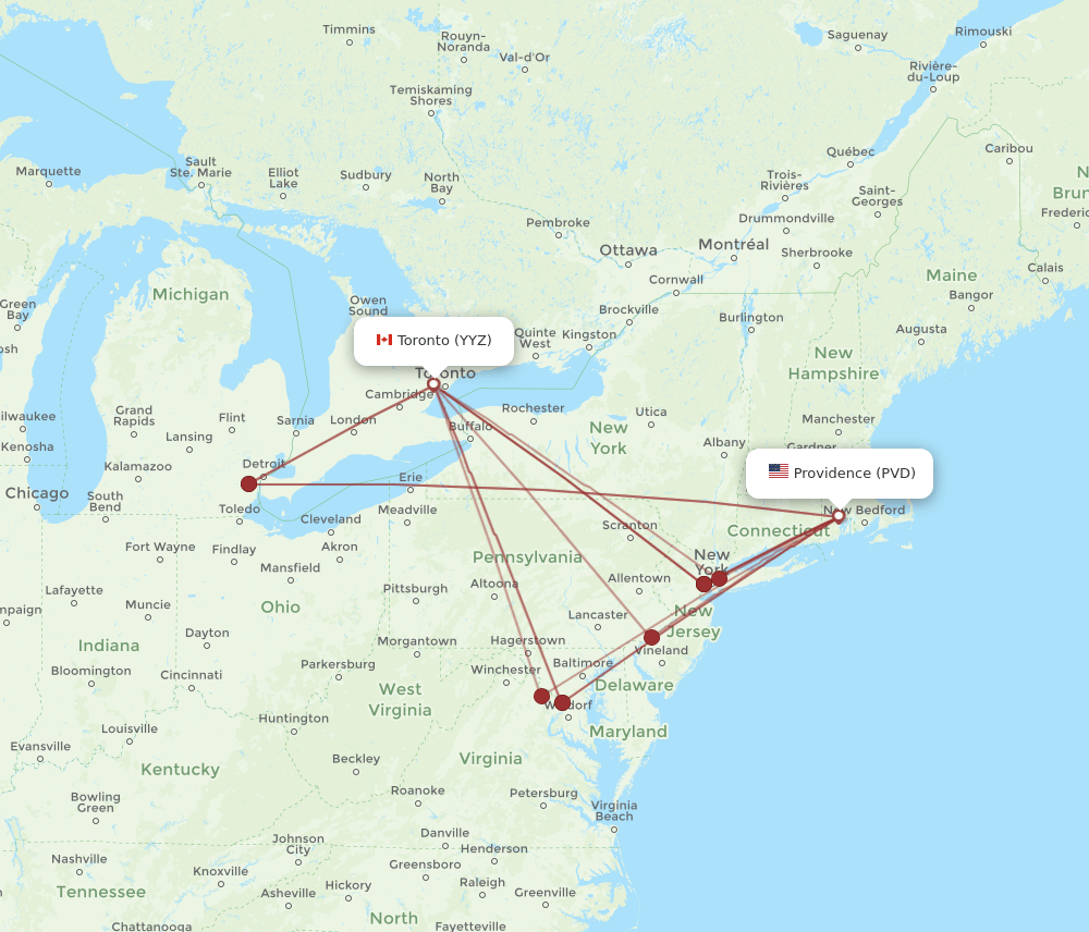 Toronto - Providence route map and flight paths