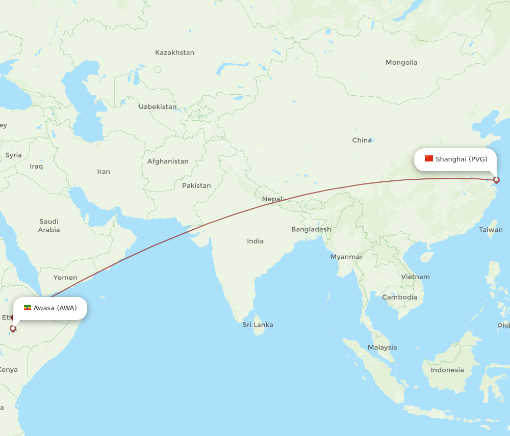 Awasa - Shanghai route map and flight paths