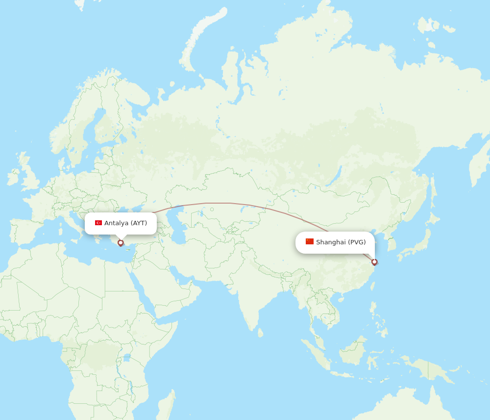 PVG to AYT flights and routes map