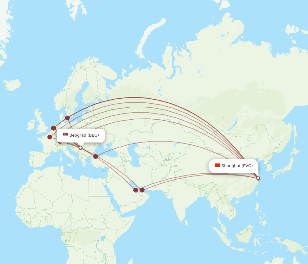 PVG to BEG flights and routes map
