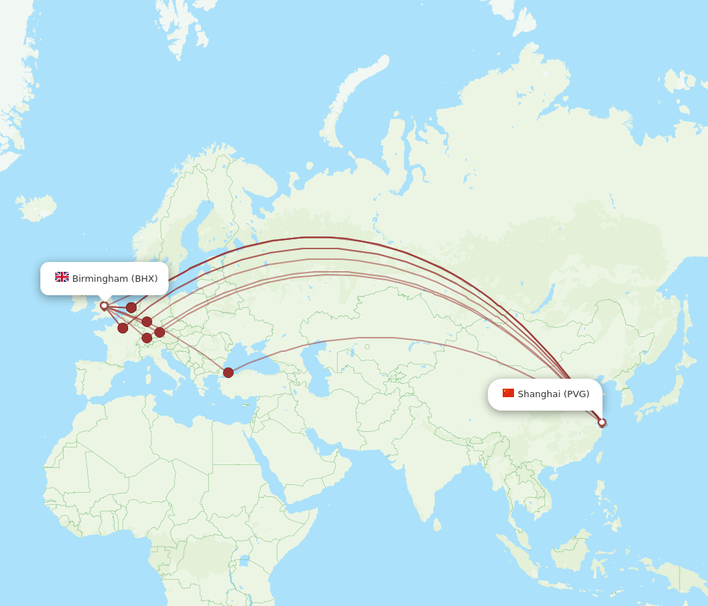 PVG to BHX flights and routes map