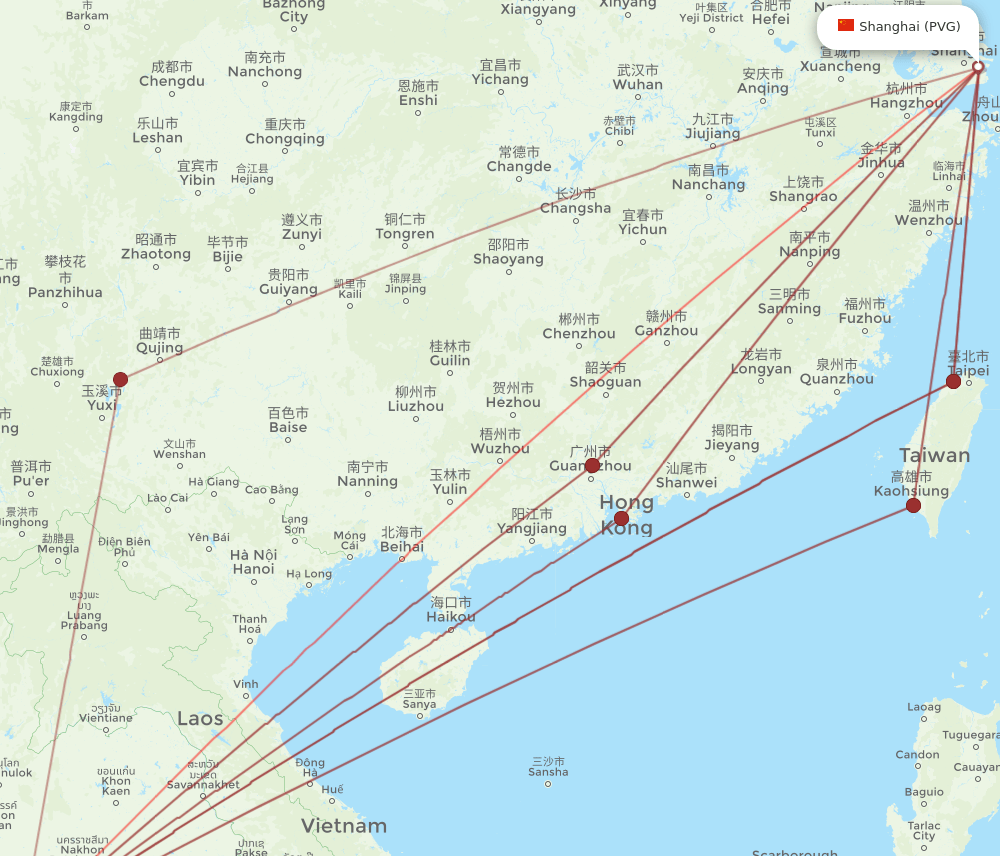 PVG to BKK flights and routes map