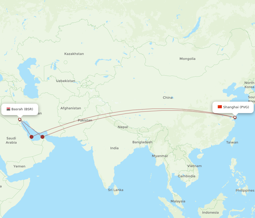 PVG to BSR flights and routes map