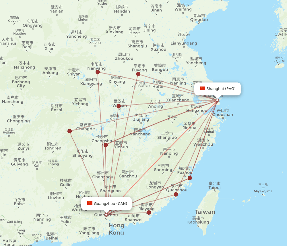 PVG to CAN flights and routes map