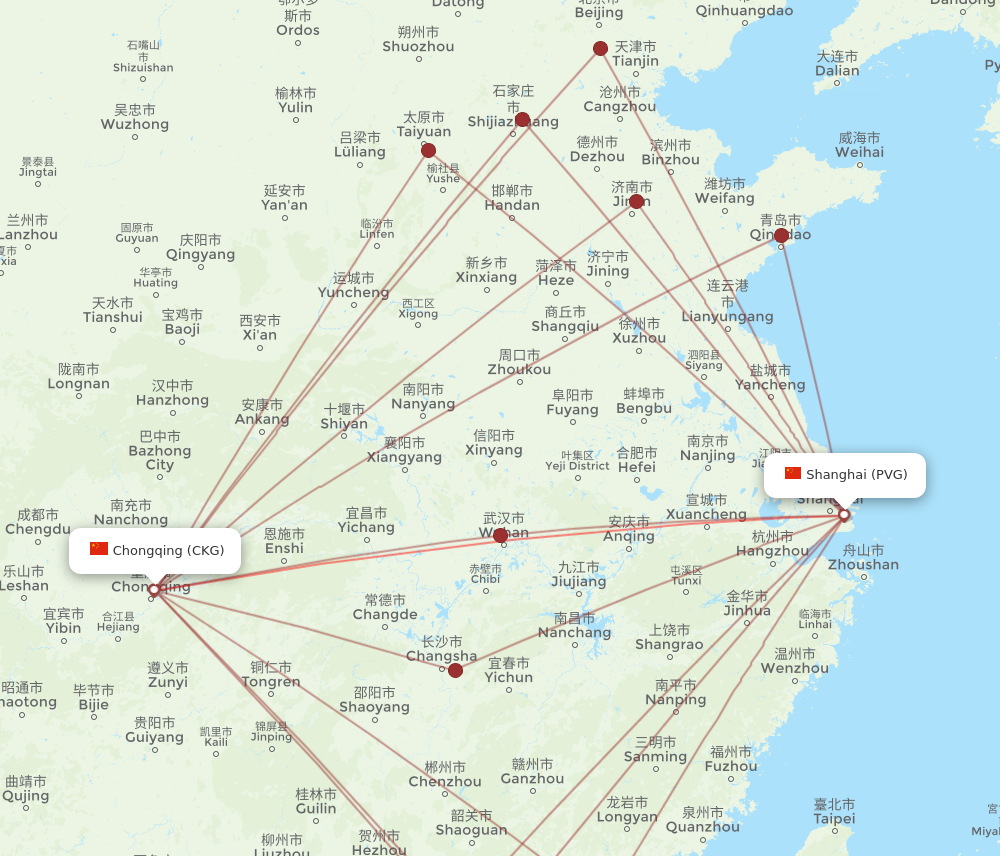 PVG to CKG flights and routes map