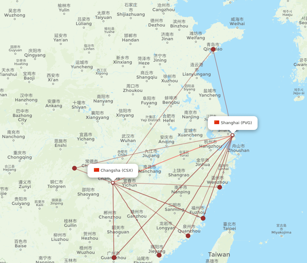 PVG-CSX flight routes