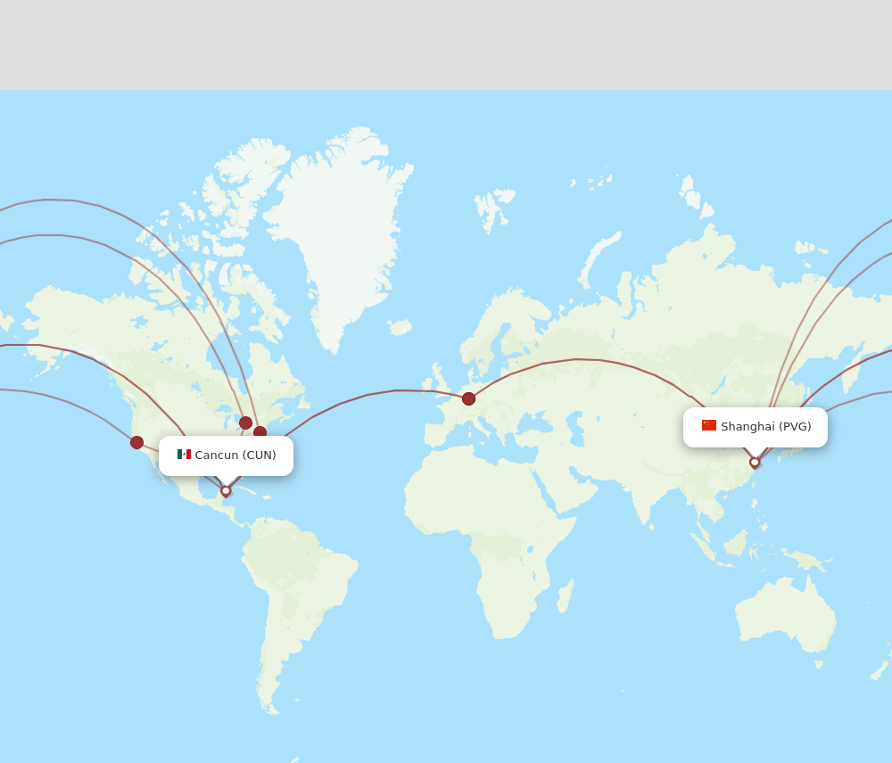 PVG to CUN flights and routes map