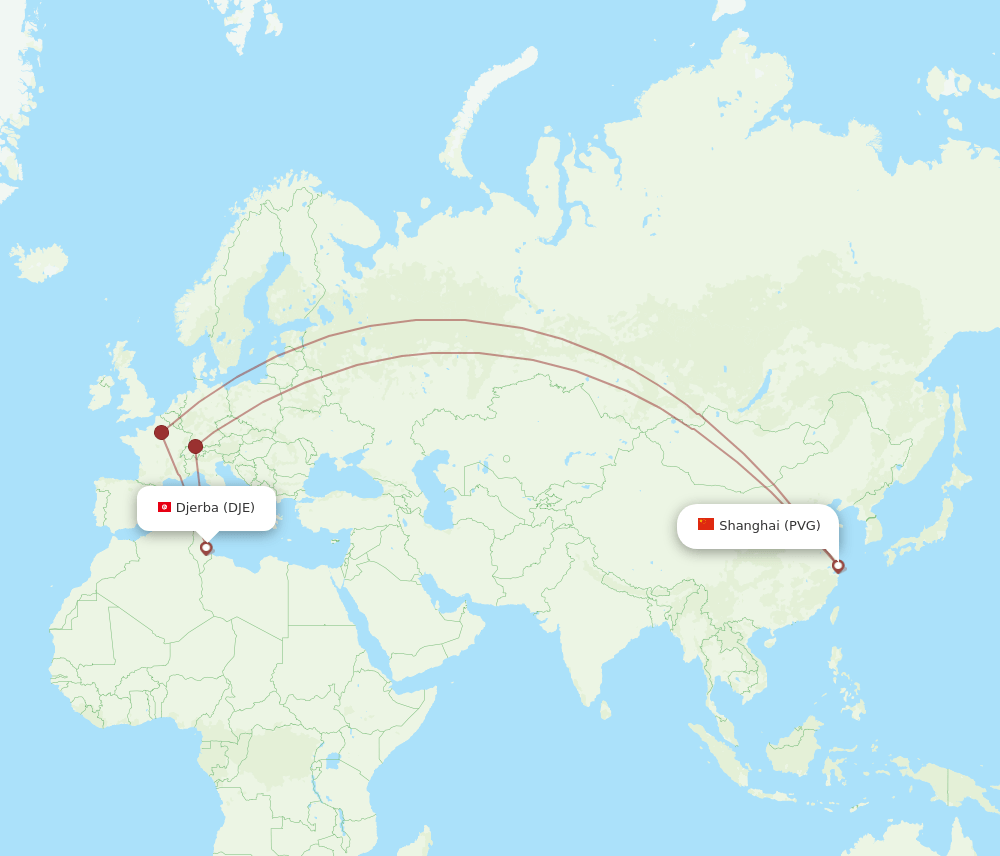 Djerba - Shanghai route map and flight paths
