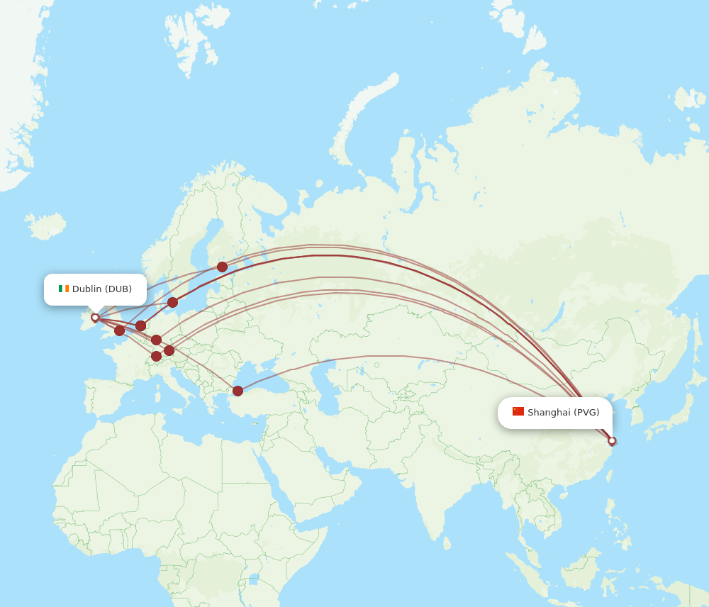 PVG to DUB flights and routes map