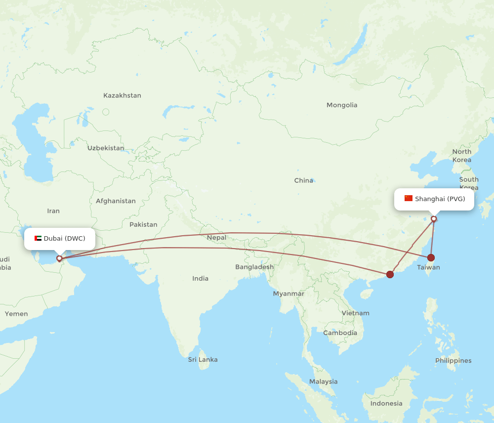 Shanghai - Dubai route map and flight paths