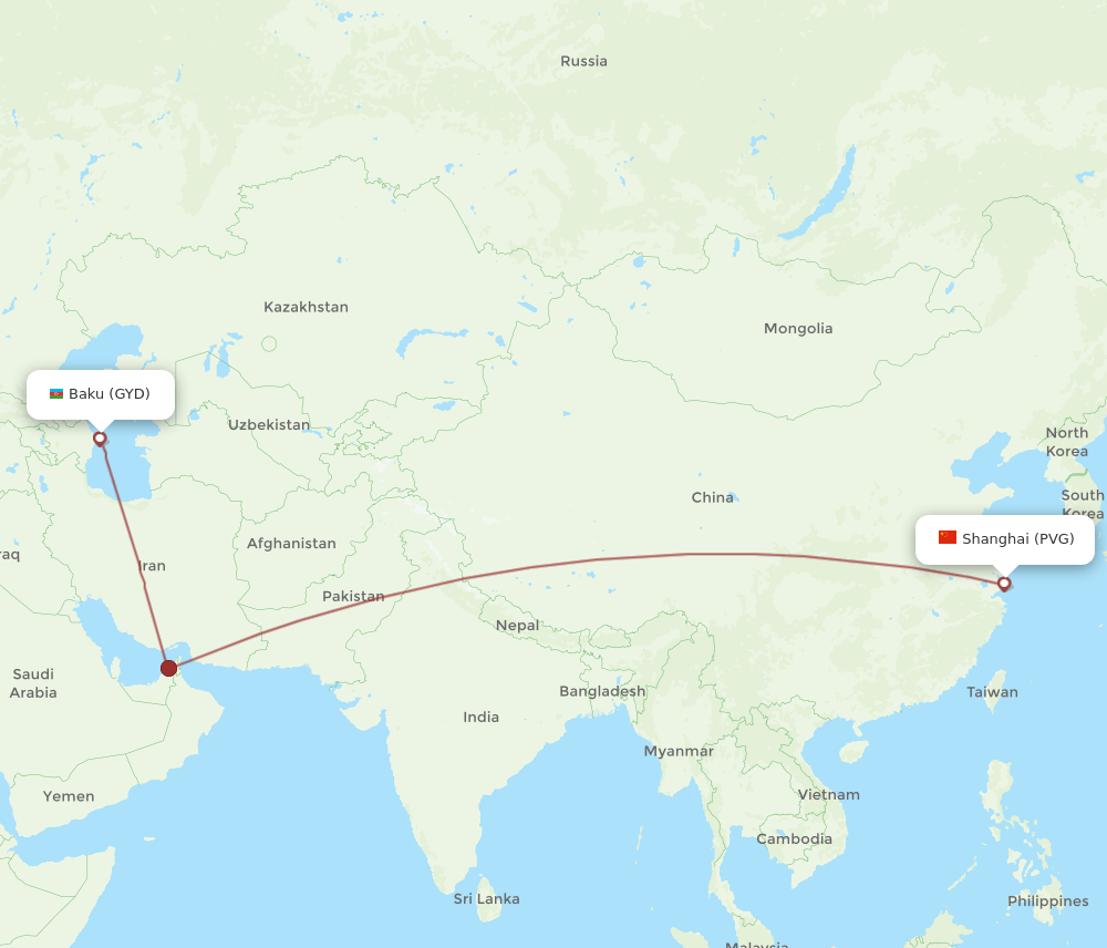 Baku - Shanghai route map and flight paths
