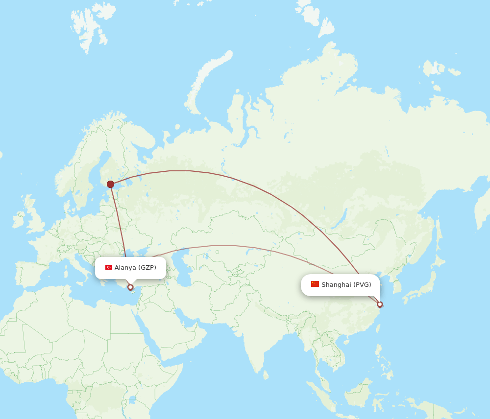 PVG to GZP flights and routes map