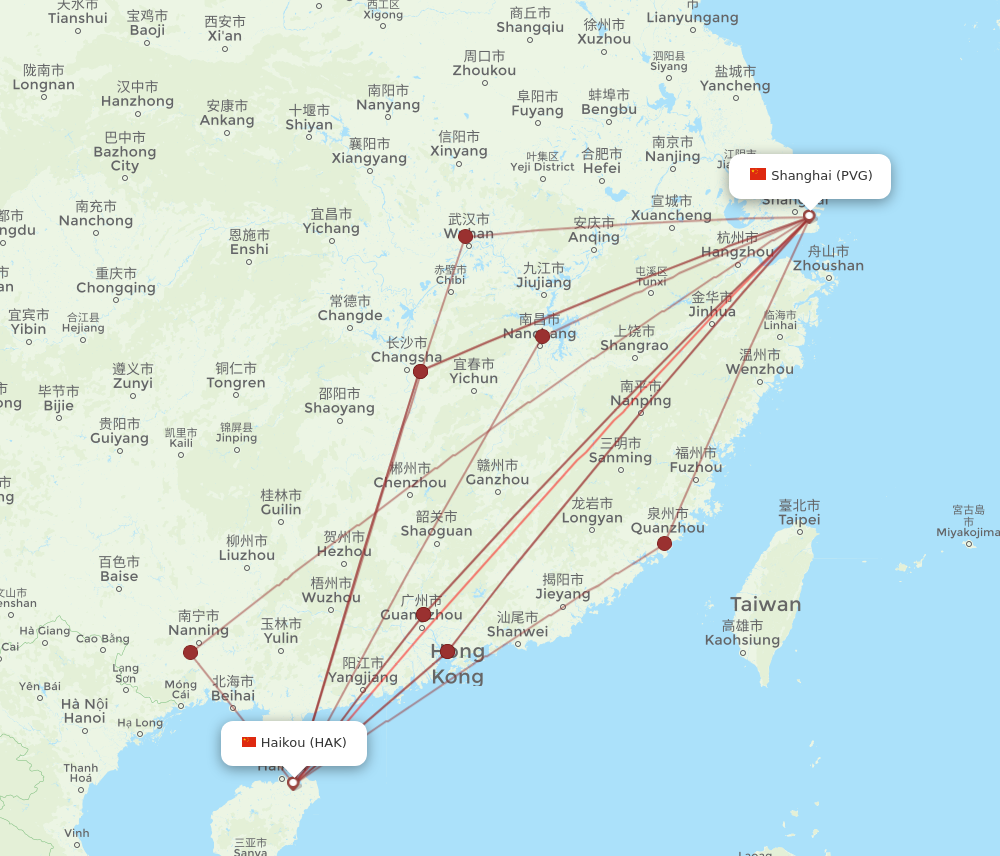 PVG to HAK flights and routes map