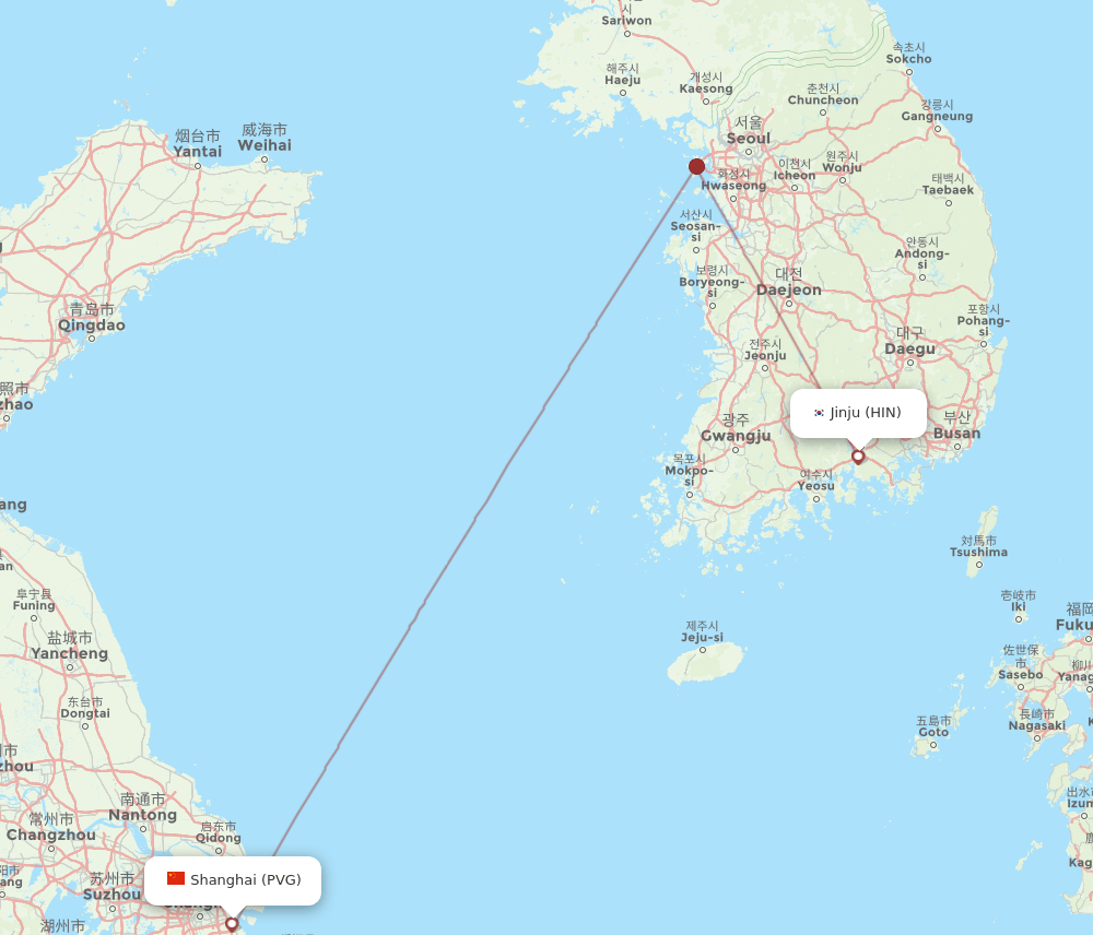 Jinju - Shanghai route map and flight paths
