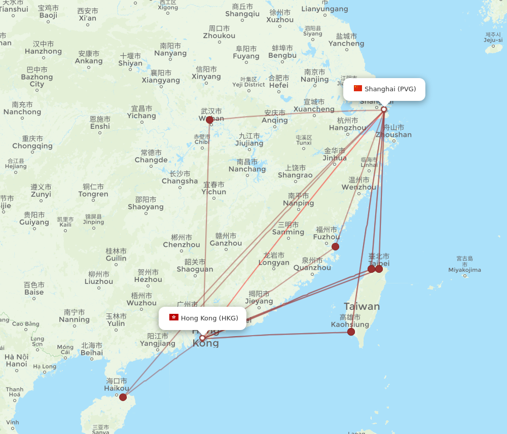 PVG to HKG flights and routes map