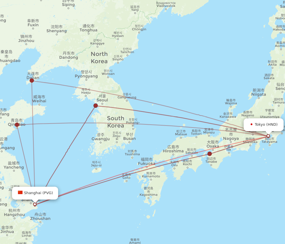PVG to HND flights and routes map