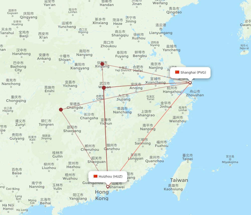 PVG to HUZ flights and routes map