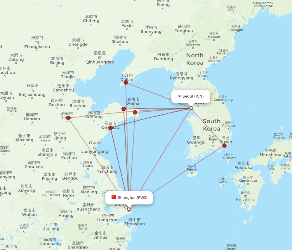 PVG to ICN flights and routes map
