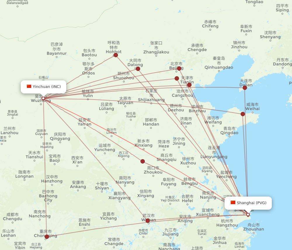 PVG to INC flights and routes map