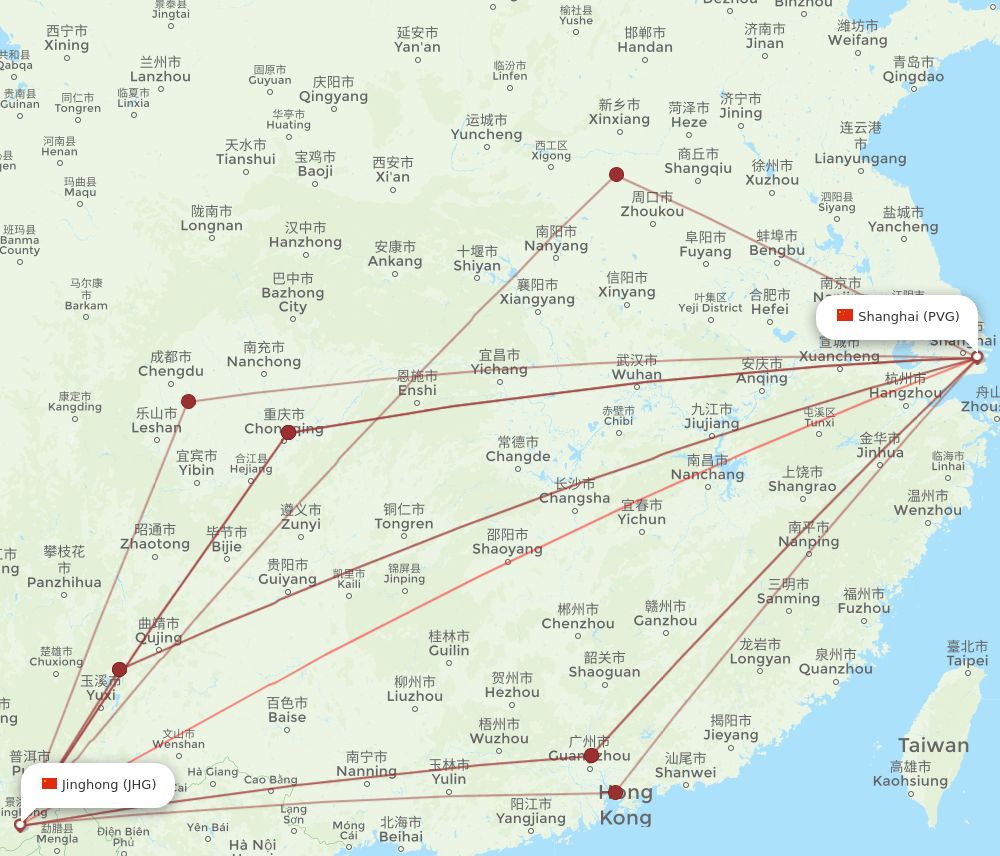 PVG to JHG flights and routes map