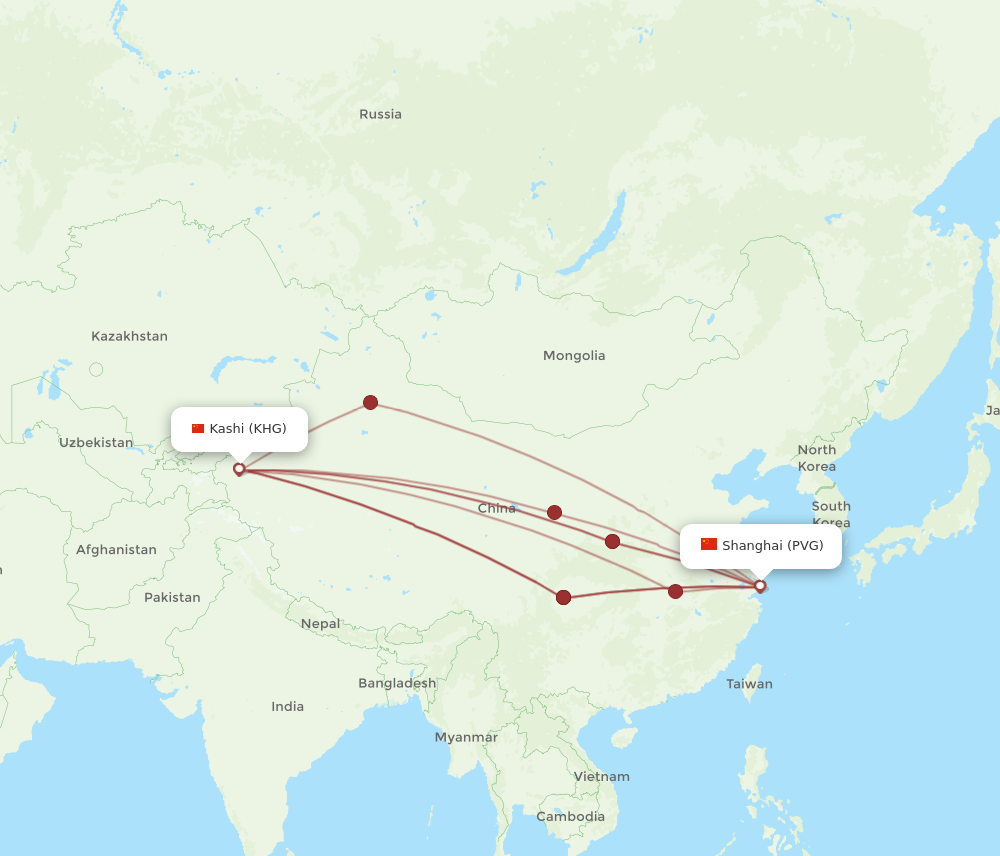 PVG to KHG flights and routes map