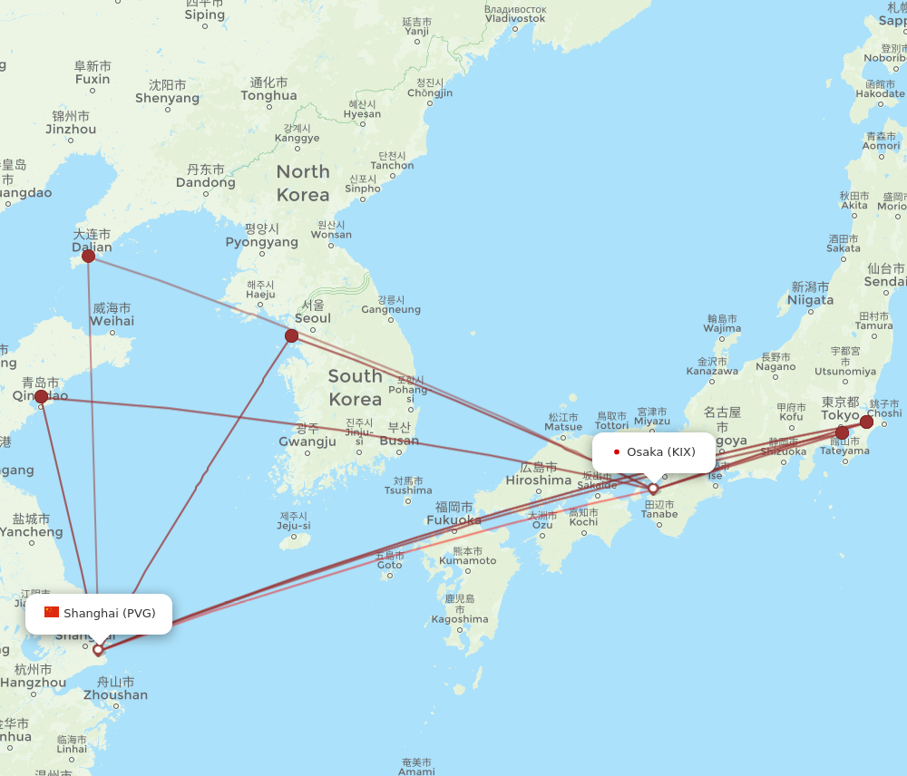 PVG to KIX flights and routes map