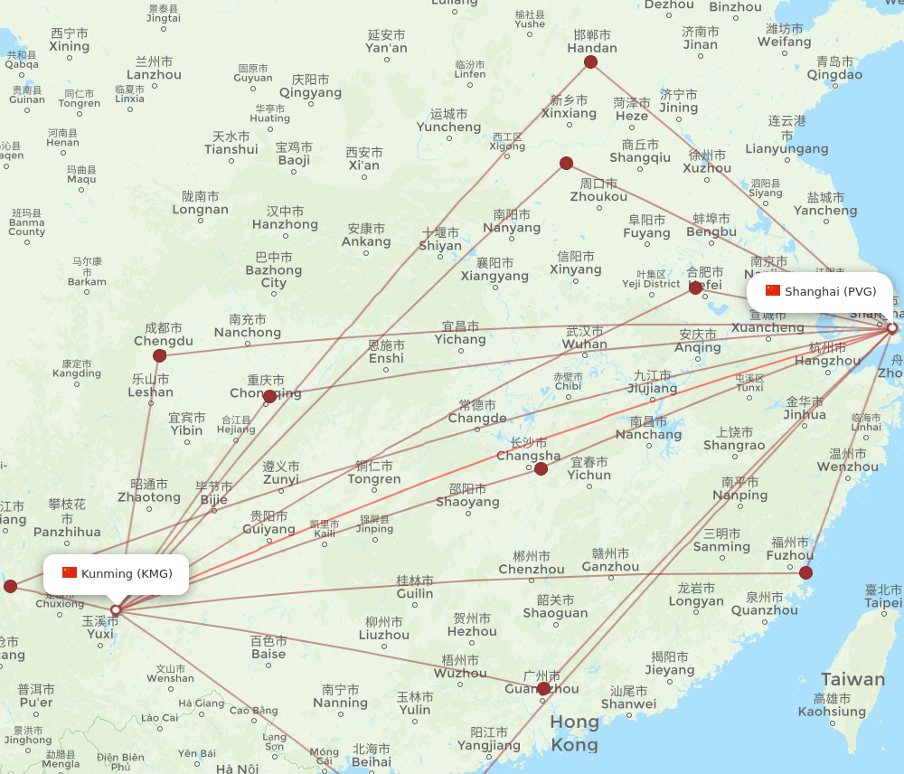 PVG to KMG flights and routes map