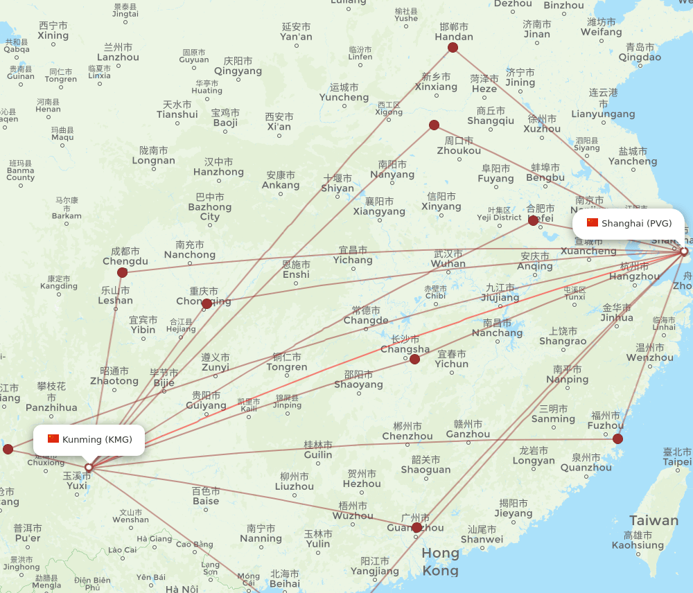 PVG to KMG flights and routes map