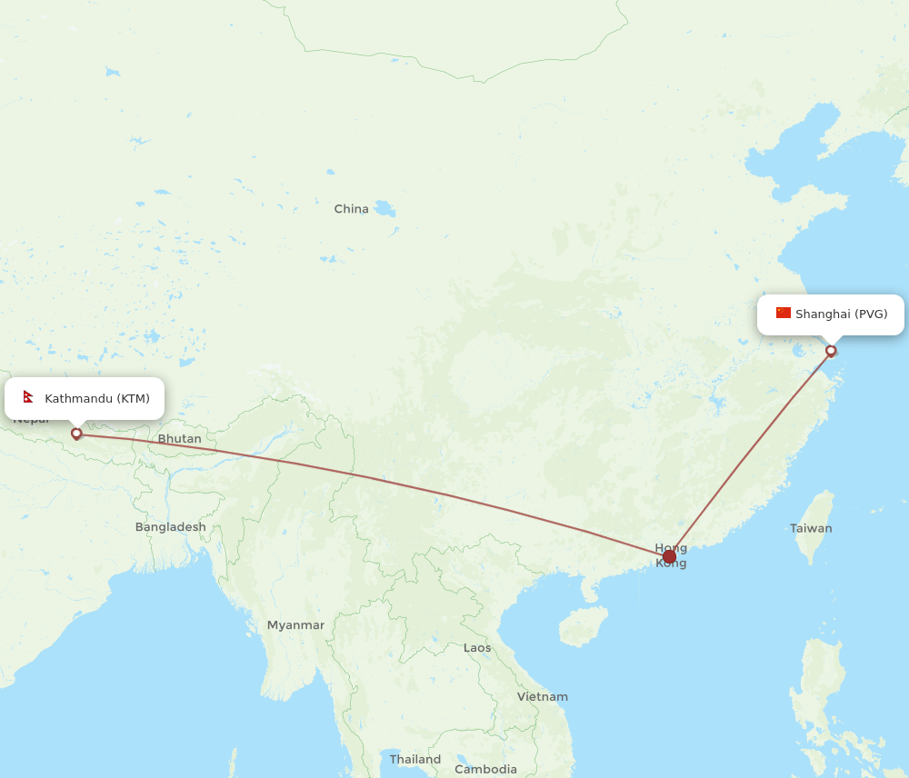 PVG to KTM flights and routes map