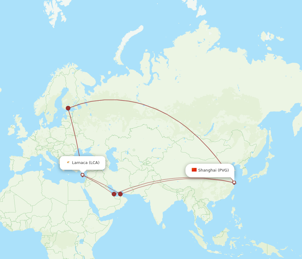 PVG to LCA flights and routes map