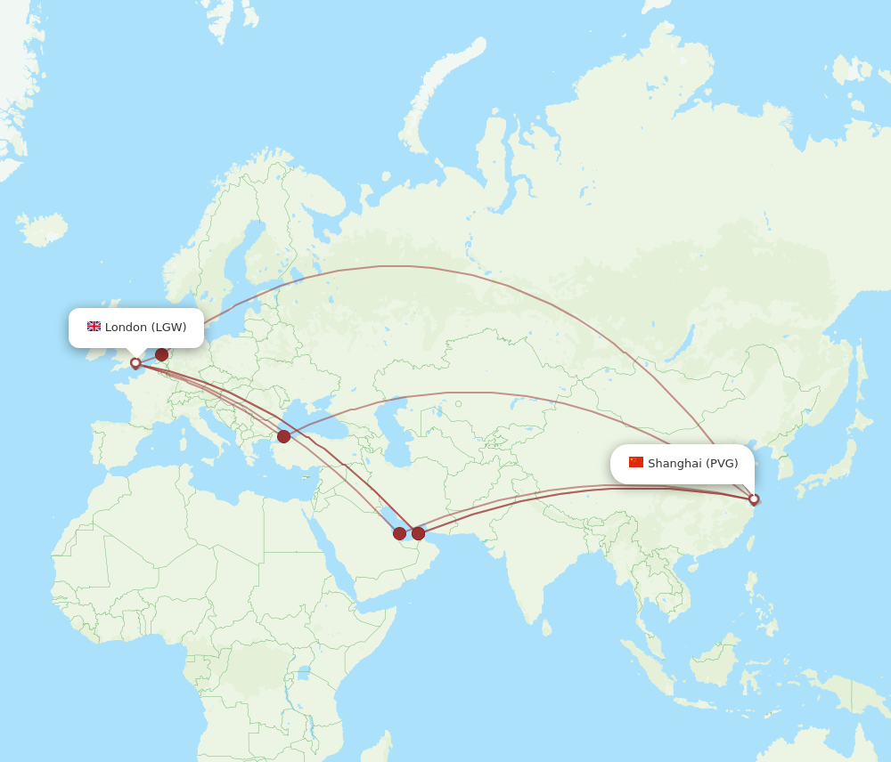 PVG to LGW flights and routes map