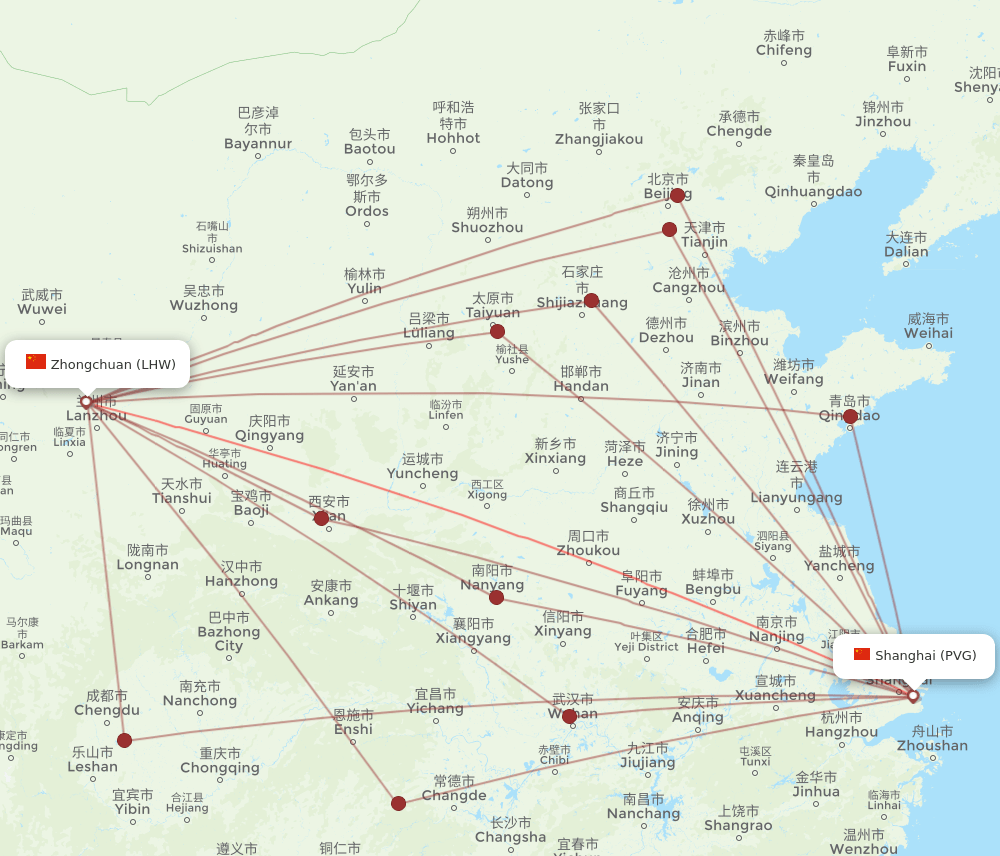 PVG-LHW flight routes