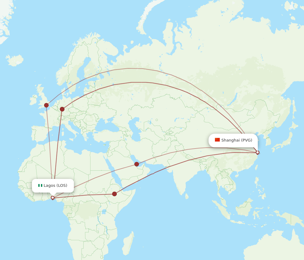 PVG to LOS flights and routes map