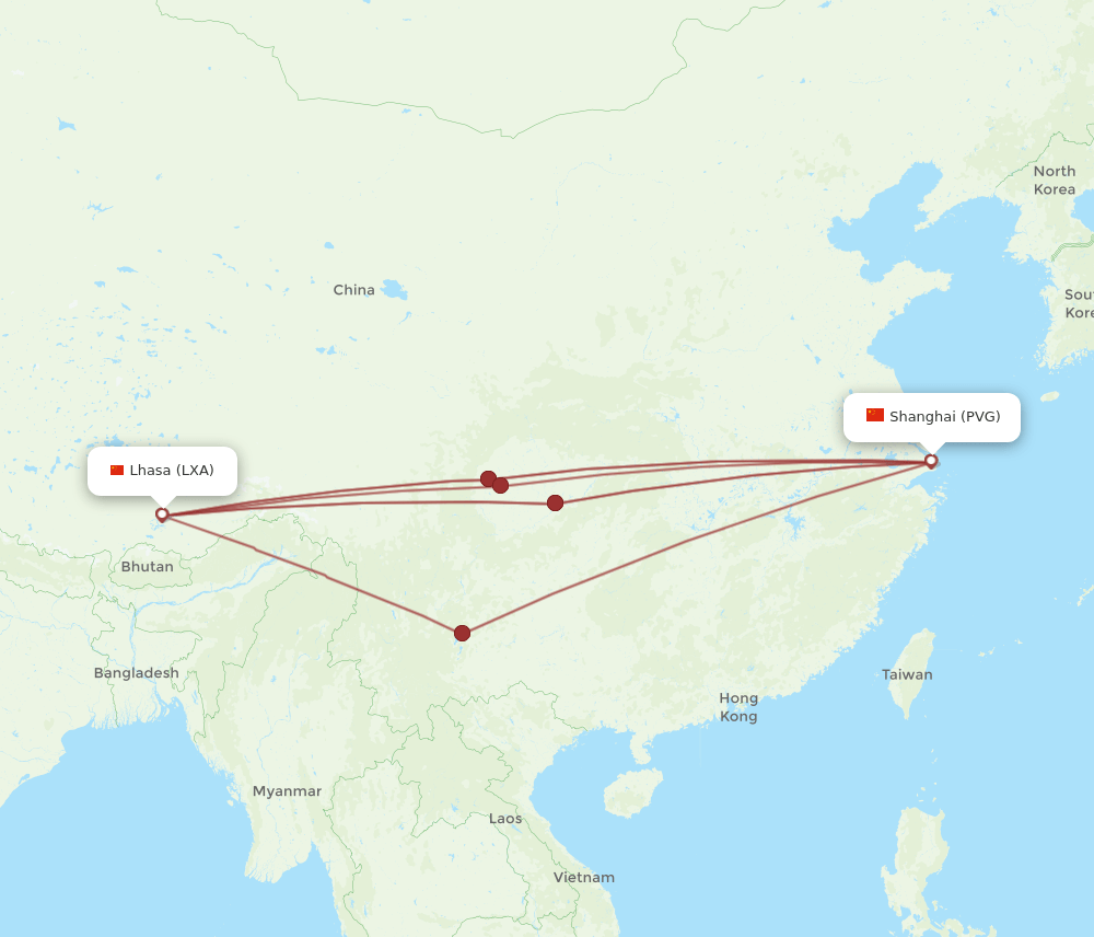 PVG to LXA flights and routes map