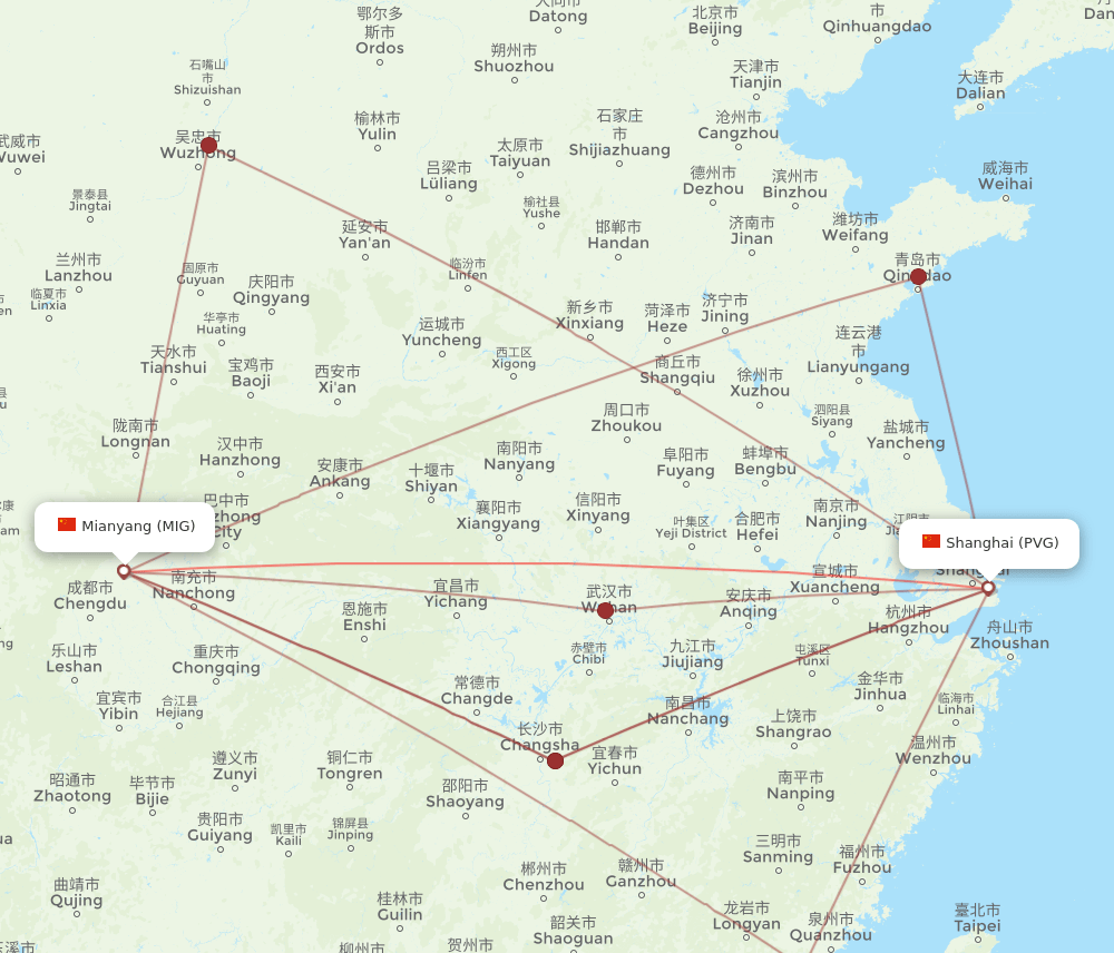 PVG-MIG flight routes