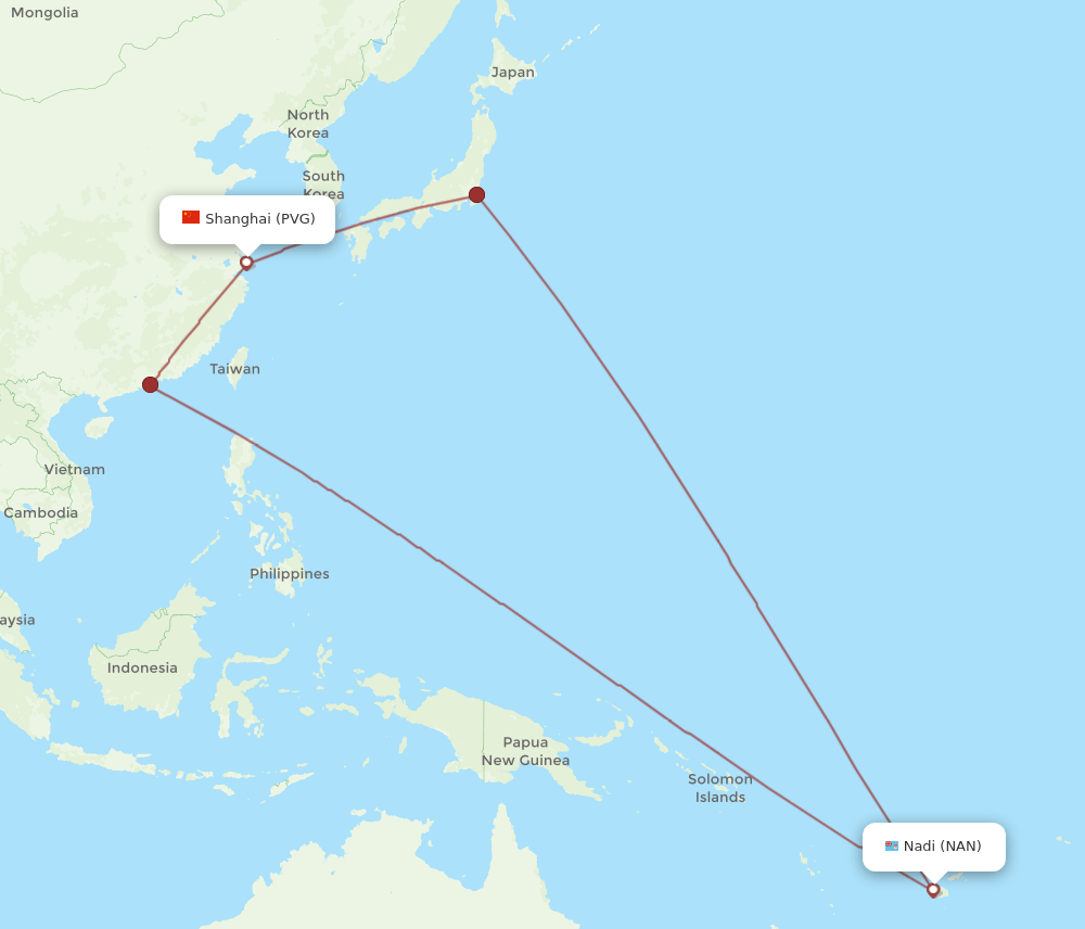 PVG to NAN flights and routes map