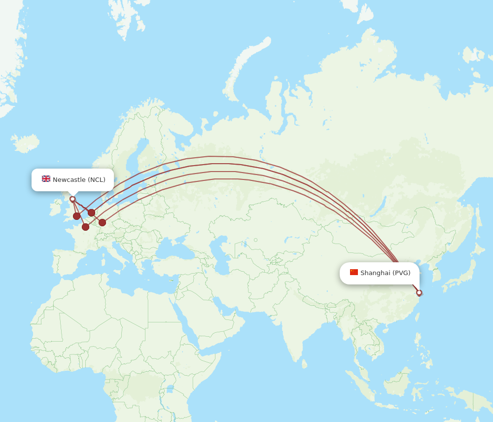 PVG to NCL flights and routes map