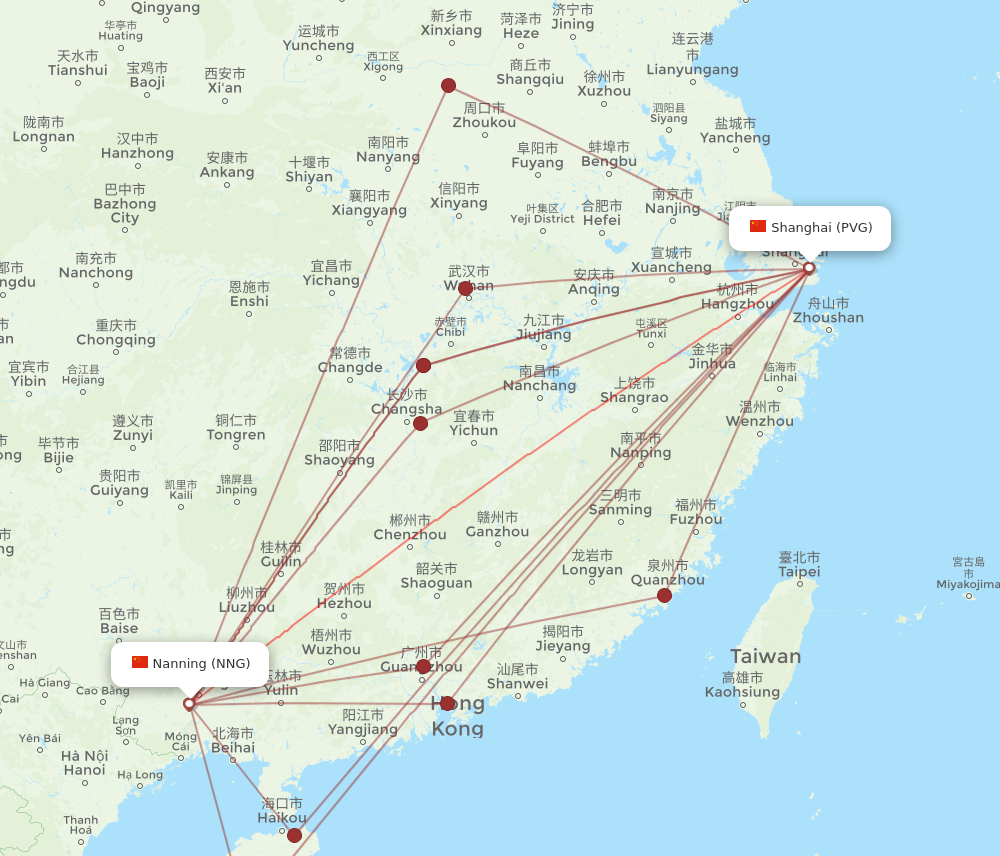 PVG to NNG flights and routes map