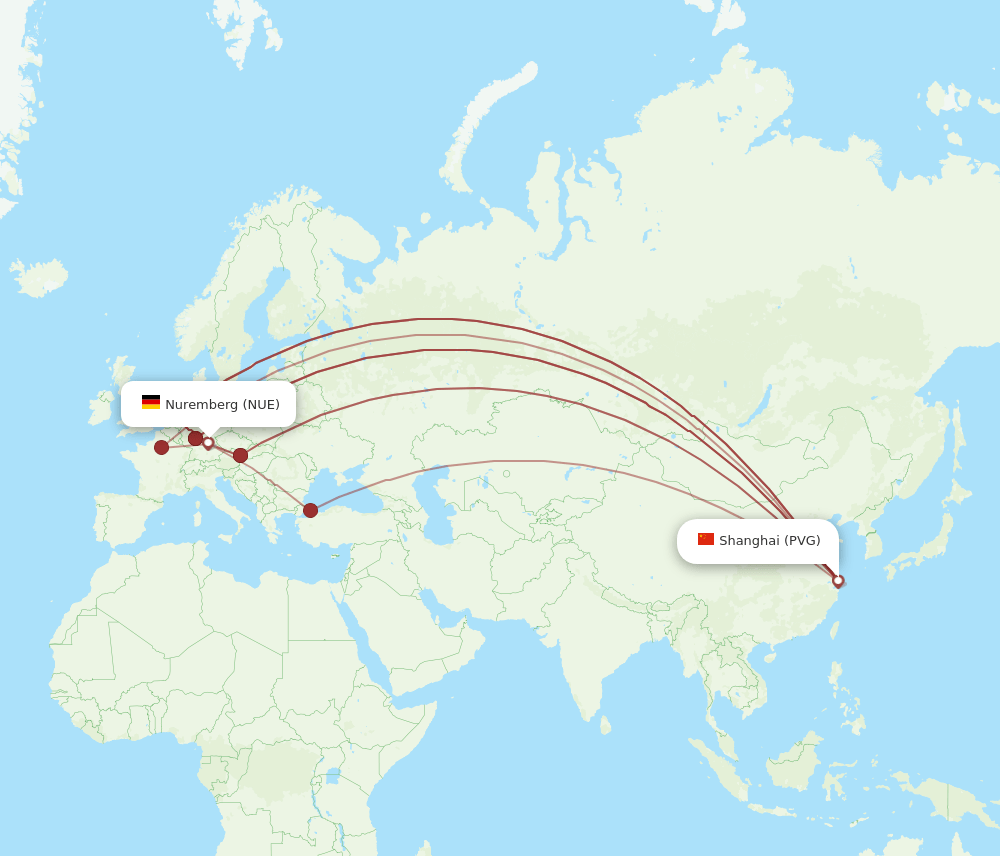PVG to NUE flights and routes map