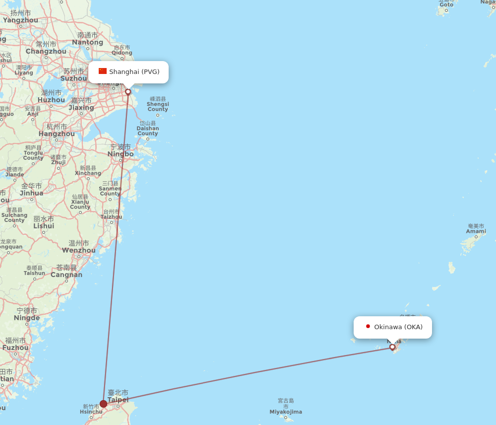 PVG to OKA flights and routes map